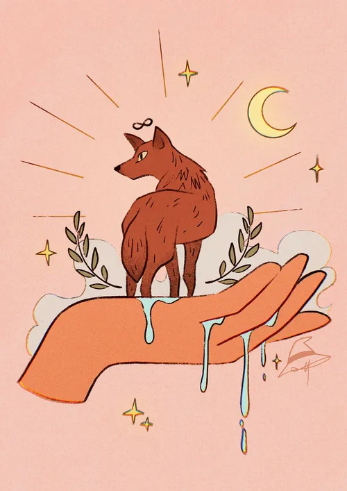Whimsical art piece centered around a coyote