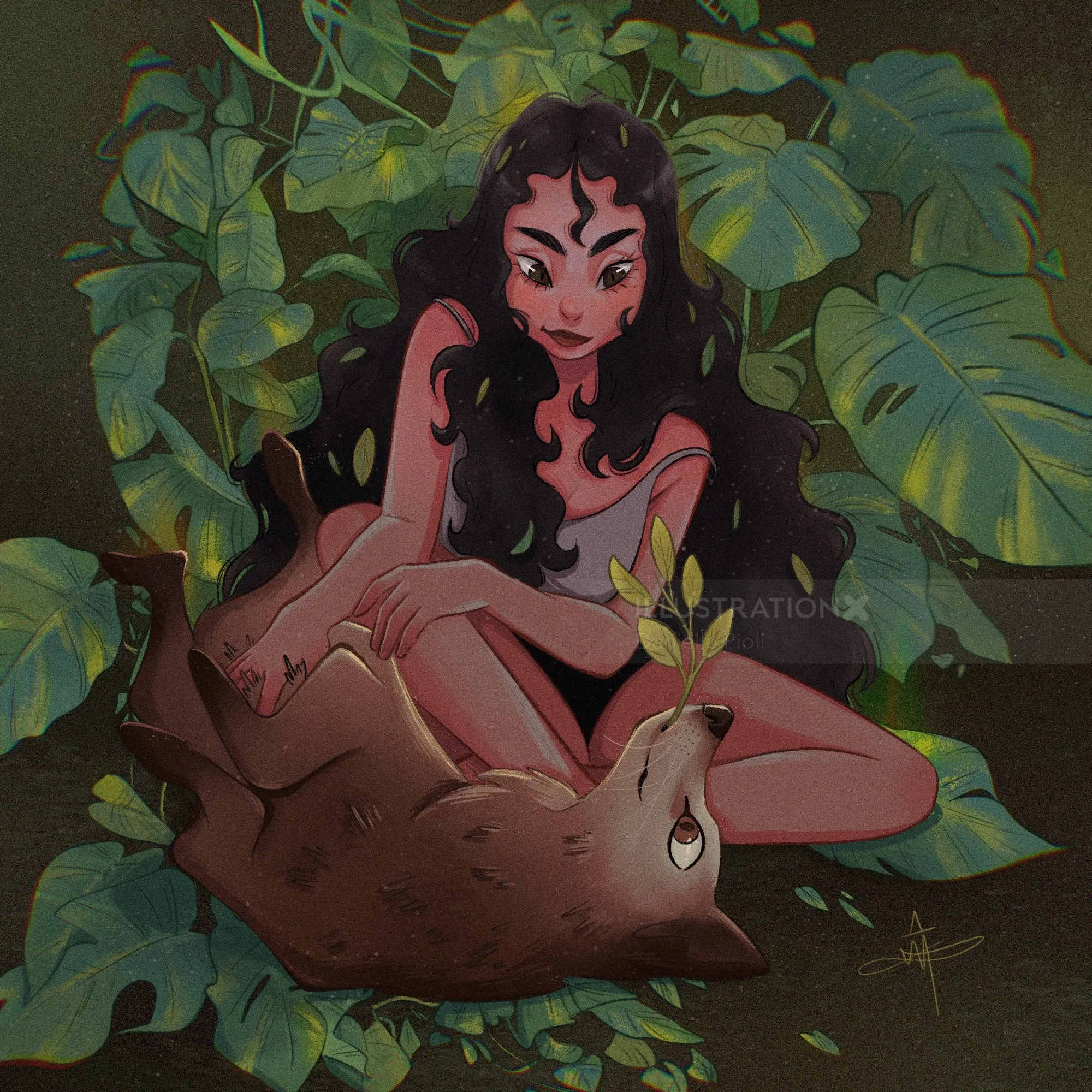 Woman with long hair sitting with an animal in lush green foliage