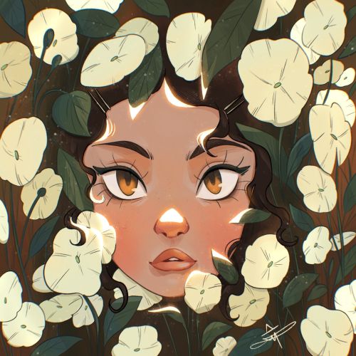 Face surrounded by white flowers and green leaves