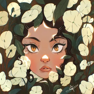 Face surrounded by white flowers and green leaves