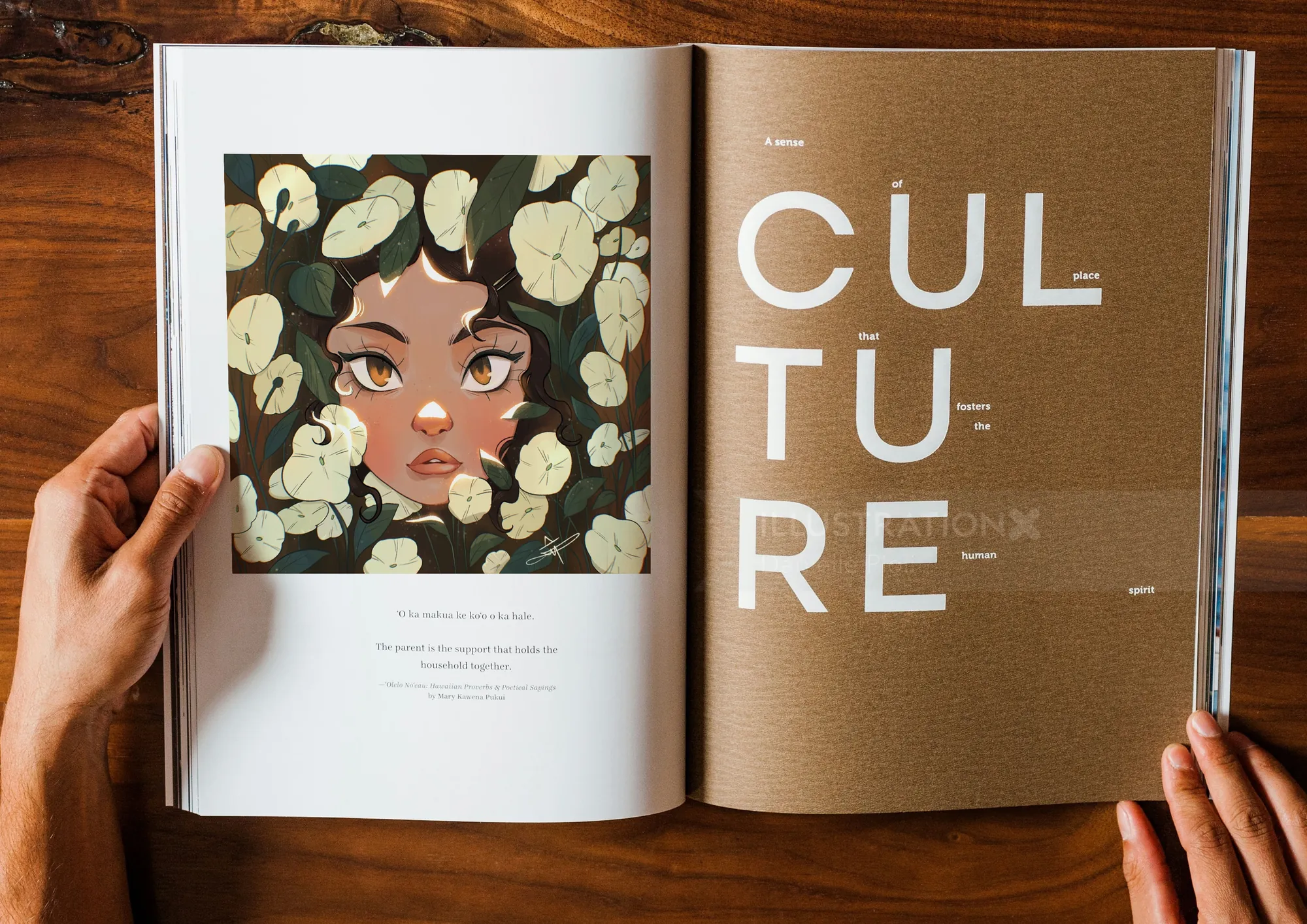 Hands holding an open book with an illustration and the word CULTURE, artwork by Danielle Pioli