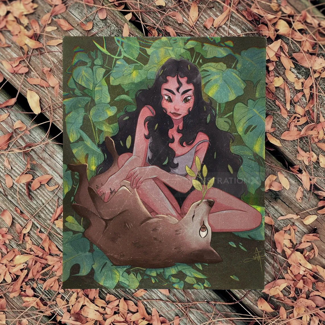 Illustration of a woman with an otter surrounded by green leaves by Danielle Pioli