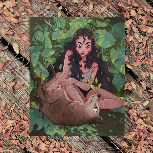 Illustration of a woman with an otter surrounded by green leaves by Danielle Pioli