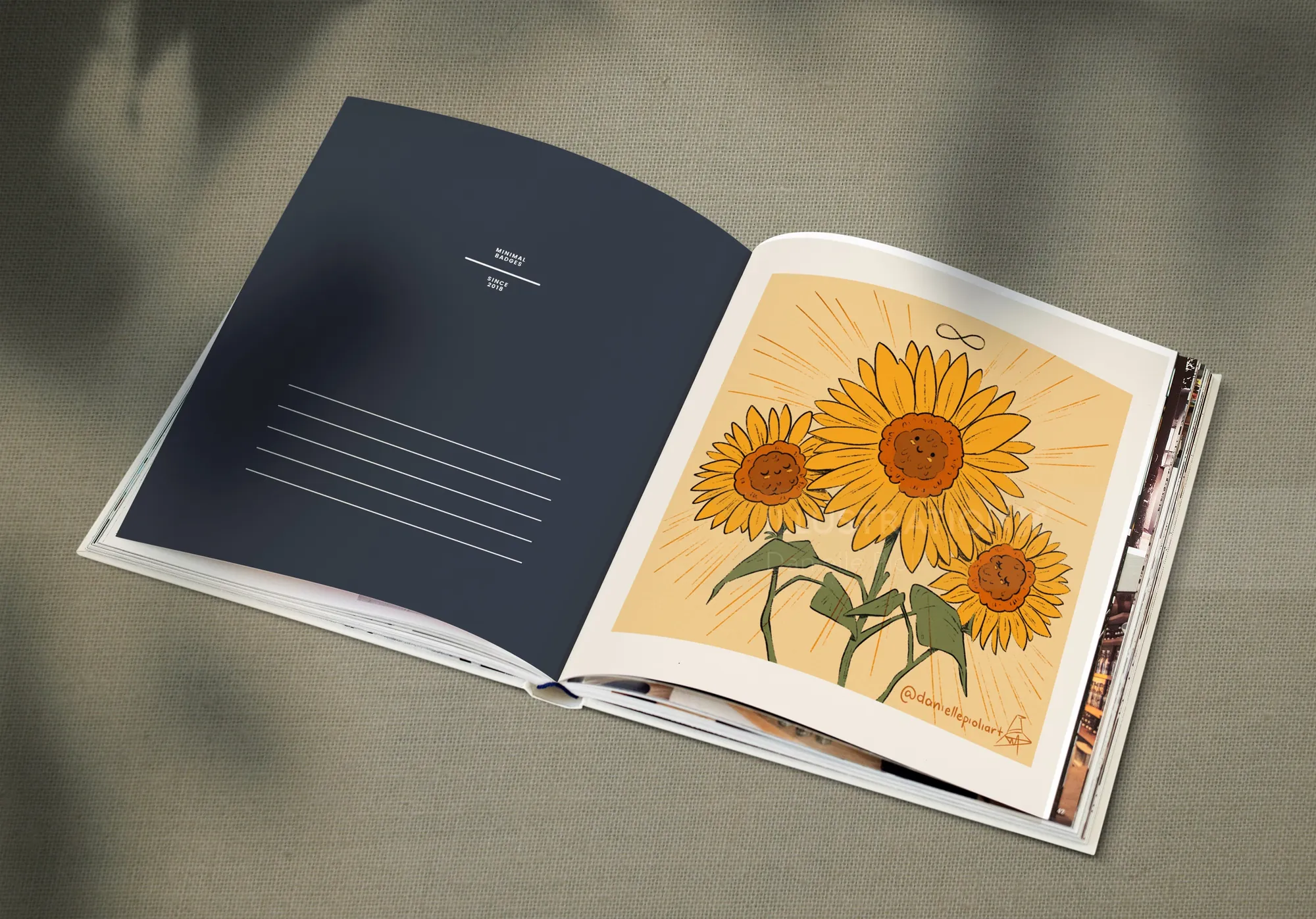 Open book with illustration of three sunflowers on a beige background by Danielle Pioli