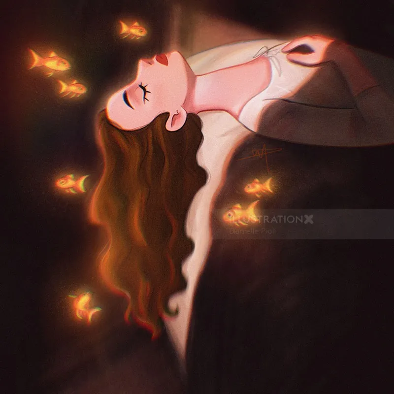 Danielle Pioli illustration of a reclining woman surrounded by glowing fish
