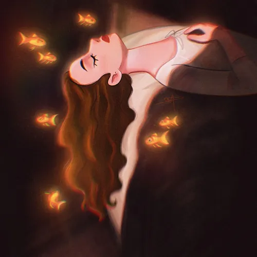 Danielle Pioli illustration of a reclining woman surrounded by glowing fish