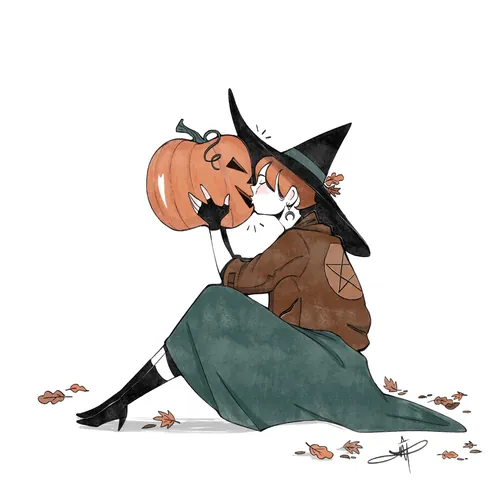 Danielle Pioli illustration of a witch embracing a pumpkin-headed figure