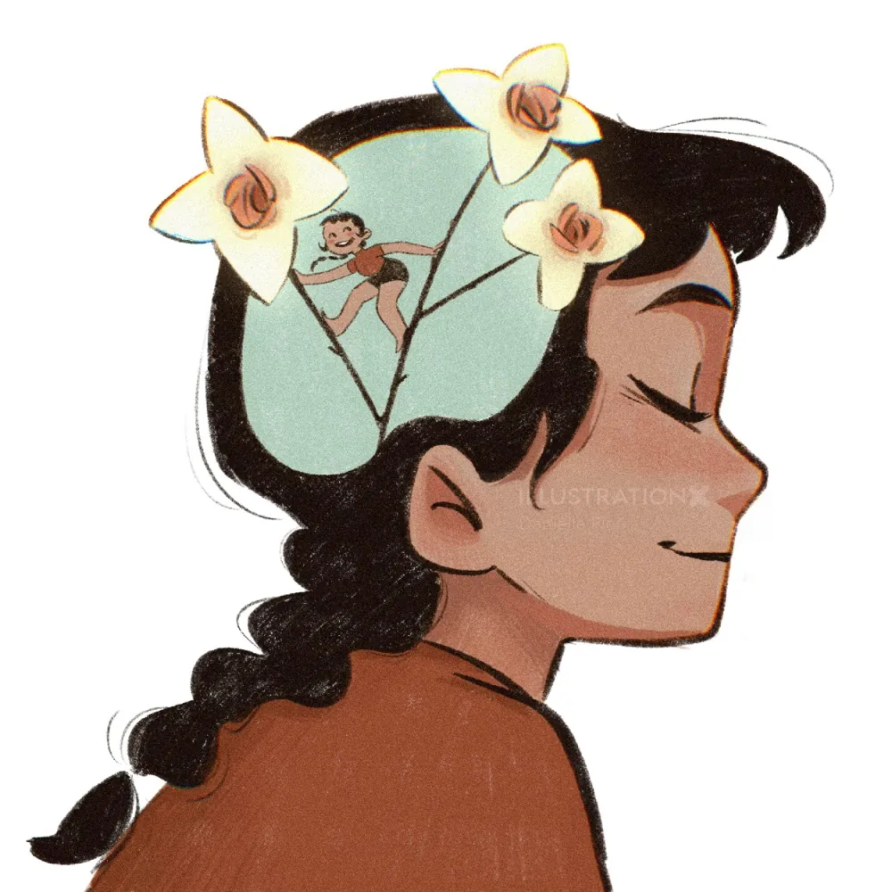 Danielle Pioli illustration of a girl in profile with white flowers in her hair