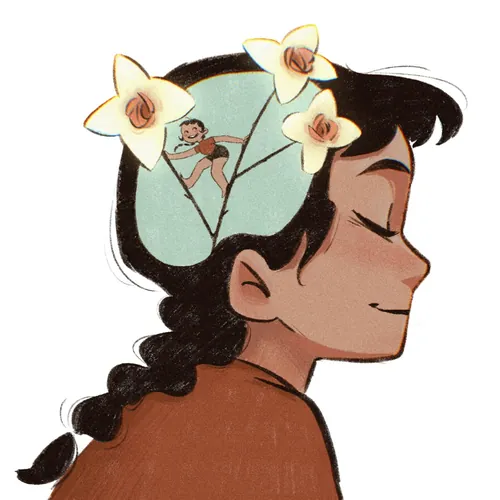 Danielle Pioli illustration of a girl in profile with white flowers in her hair