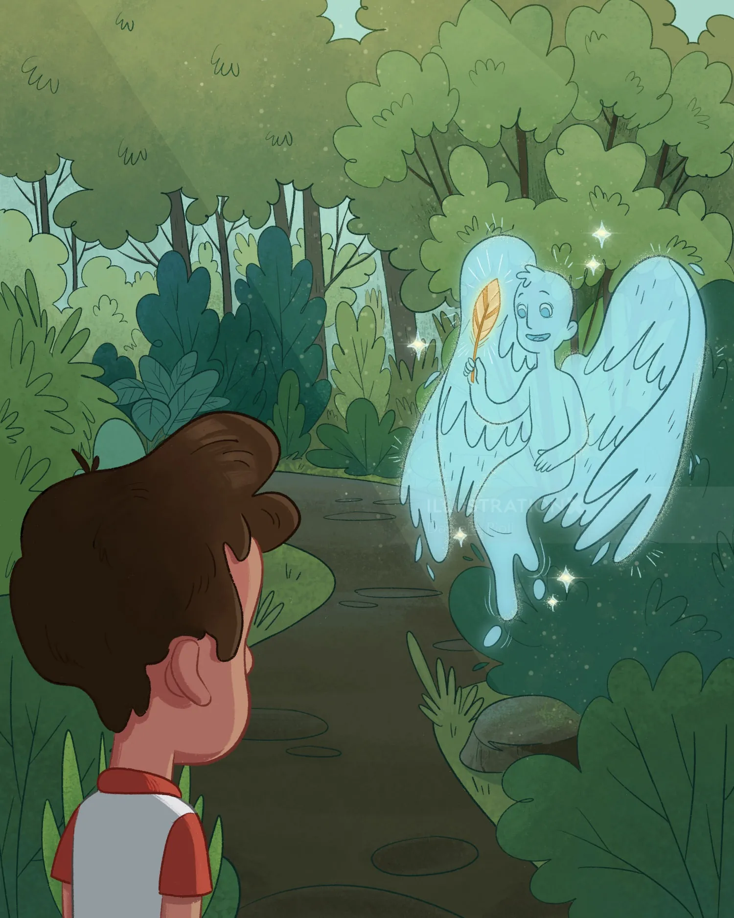 Danielle Pioli illustration of Harold encountering a glowing angel in the forest