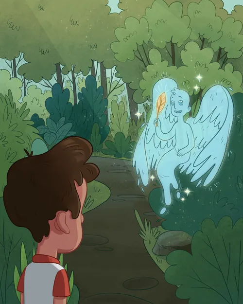 Danielle Pioli illustration of Harold encountering a glowing angel in the forest