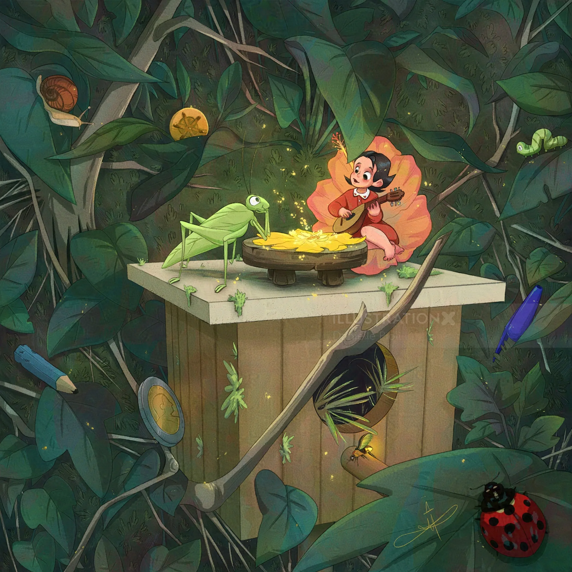 Danielle Pioli artwork of a tiny pink creature and frog in a jungle