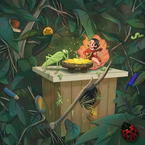 Danielle Pioli artwork of a tiny pink creature and frog in a jungle