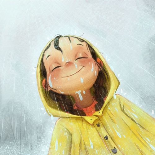 Danielle Pioli illustration of a smiling girl in a yellow raincoat