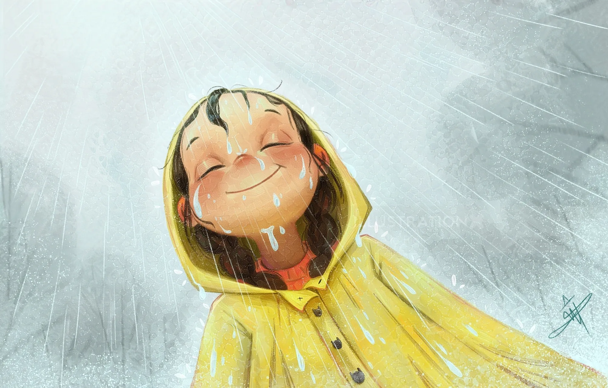 Danielle Pioli illustration of a smiling girl in a yellow raincoat