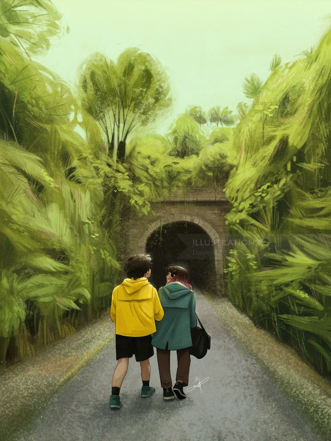 Danielle Pioli illustration of two children walking toward a tunnel