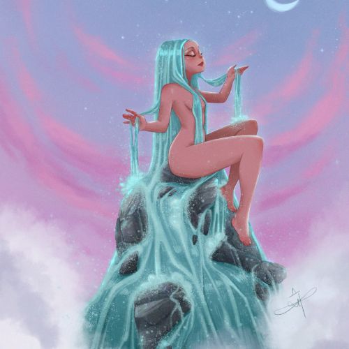Danielle Pioli's fantasy mermaid seated atop a waterfall beneath a crescent moon