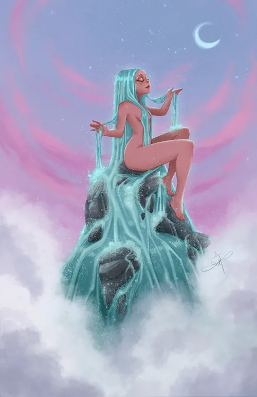 La sirène fantastique de Danielle Pioli assise au sommet d'une cascade sous un croissant de lune
