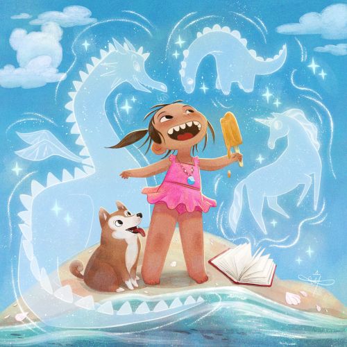 Danielle Pioli illustration of Beatrix with a dog and magical sea creatures