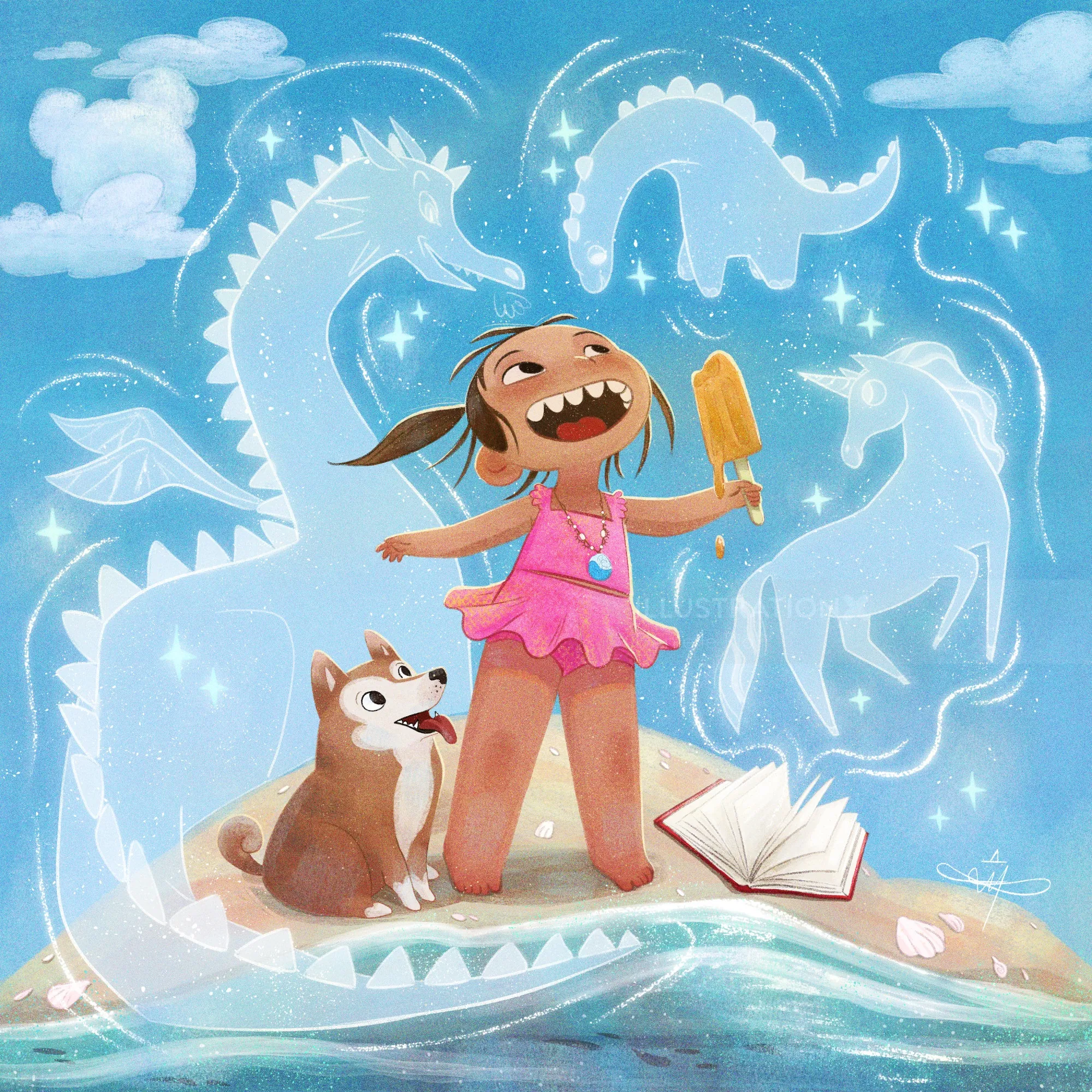 Danielle Pioli illustration of Beatrix with a dog and magical sea creatures