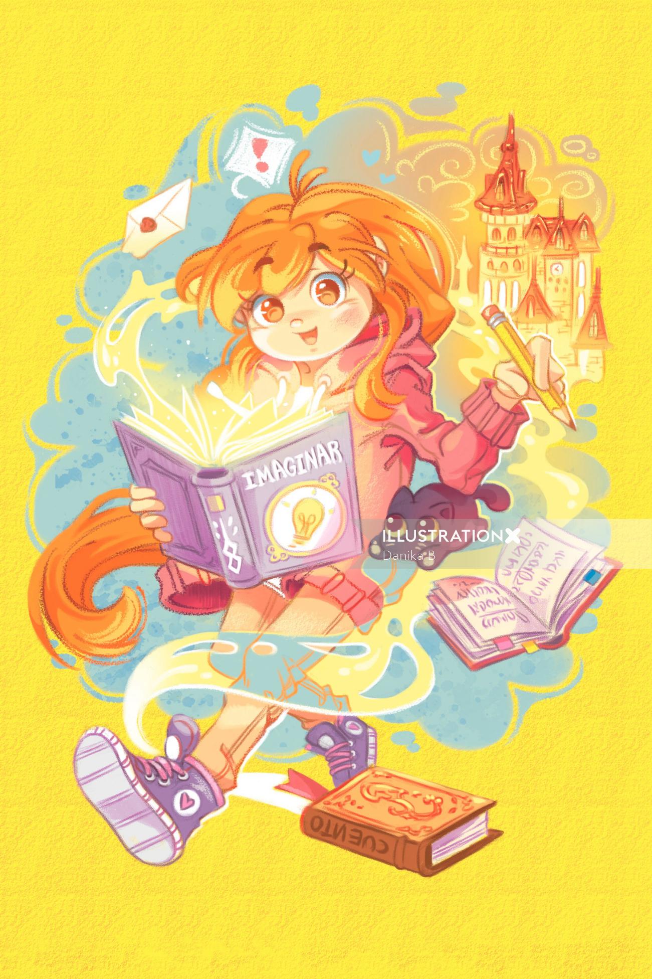 menina; livros; encantado; castelo; imaginação