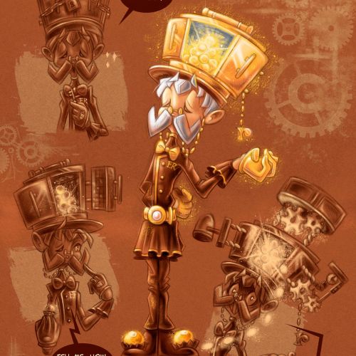 chocolate; old man; character design; butler; gold; golden; bright