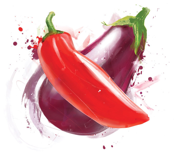 Water color of Eggplant and Red Mirchi