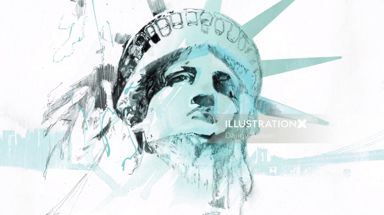 Beautiful Travel Illustration of The statue of liberty