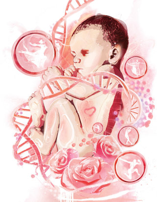 Medical illustration of baby wrapped in 3d DNA helix 