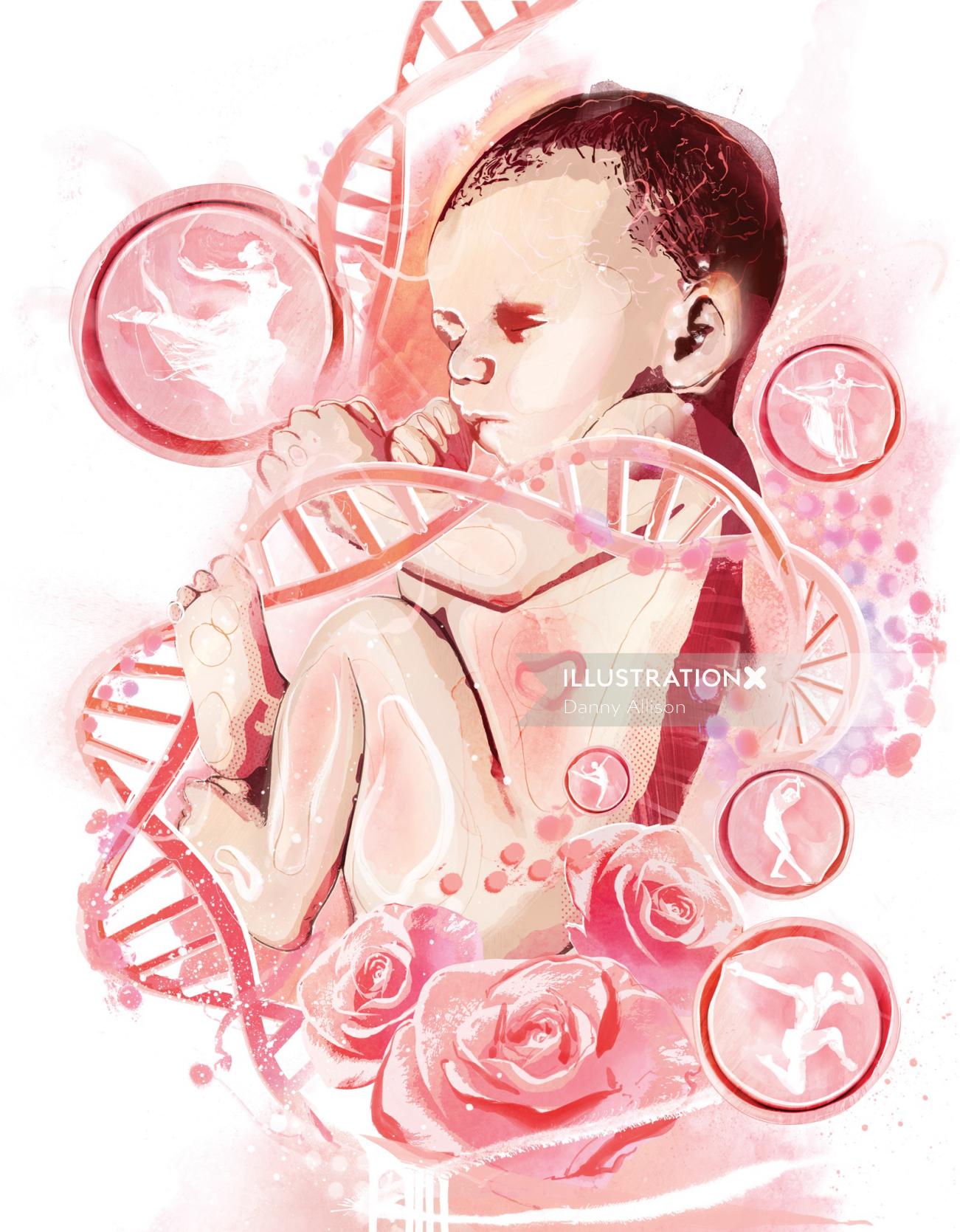 3dDNAらせんに包まれた赤ちゃんの医療イラスト