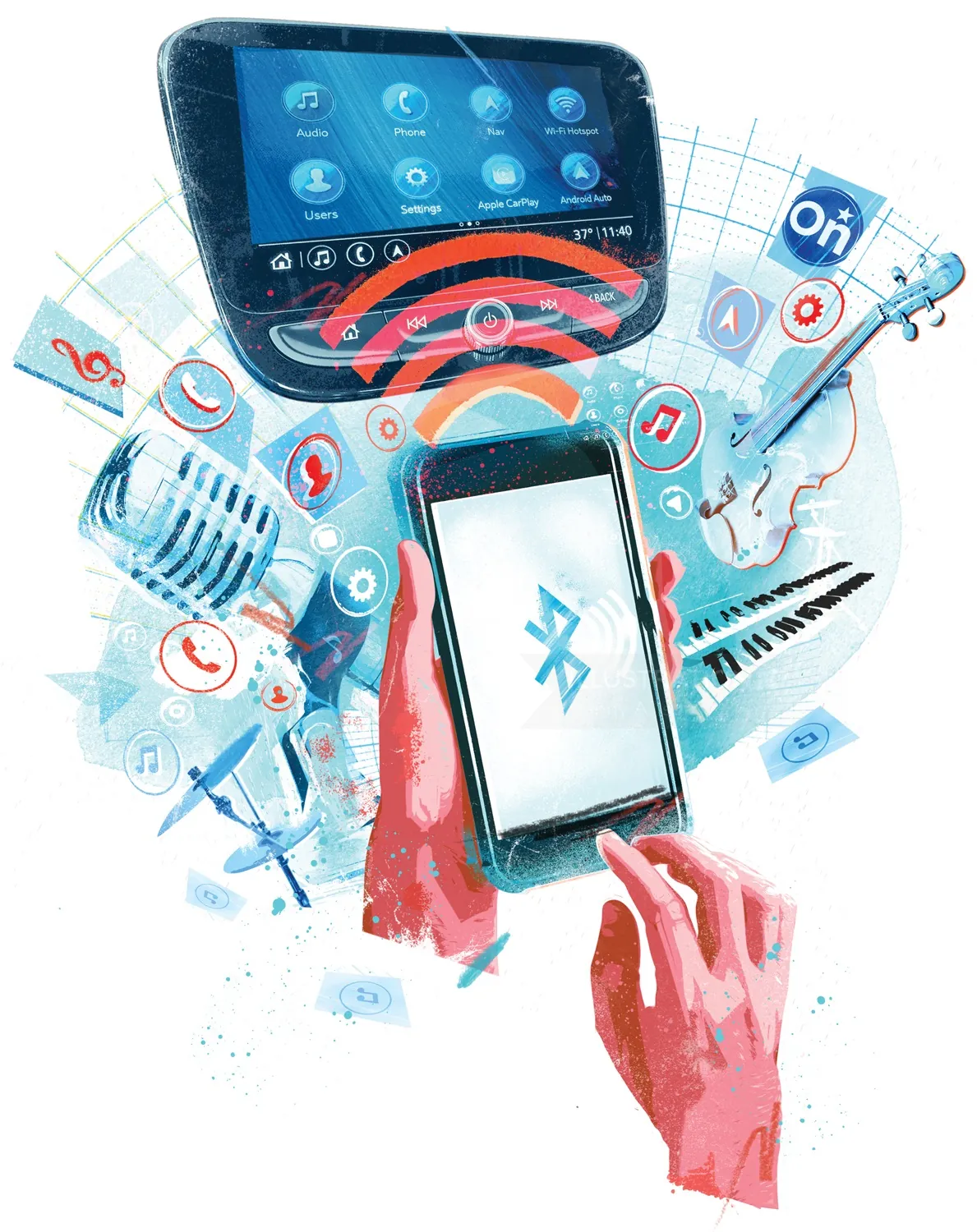 Illustration of Bluetooth wireless connection between smartphone and devices by Danny Allison