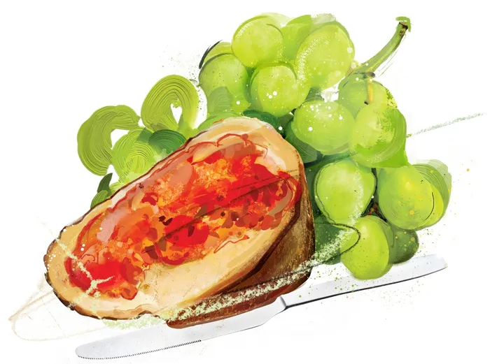 Watercolor diagram of grapes and meat