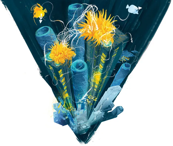 Abstract yellow flowers entwined with blue tubes by Danny Allison