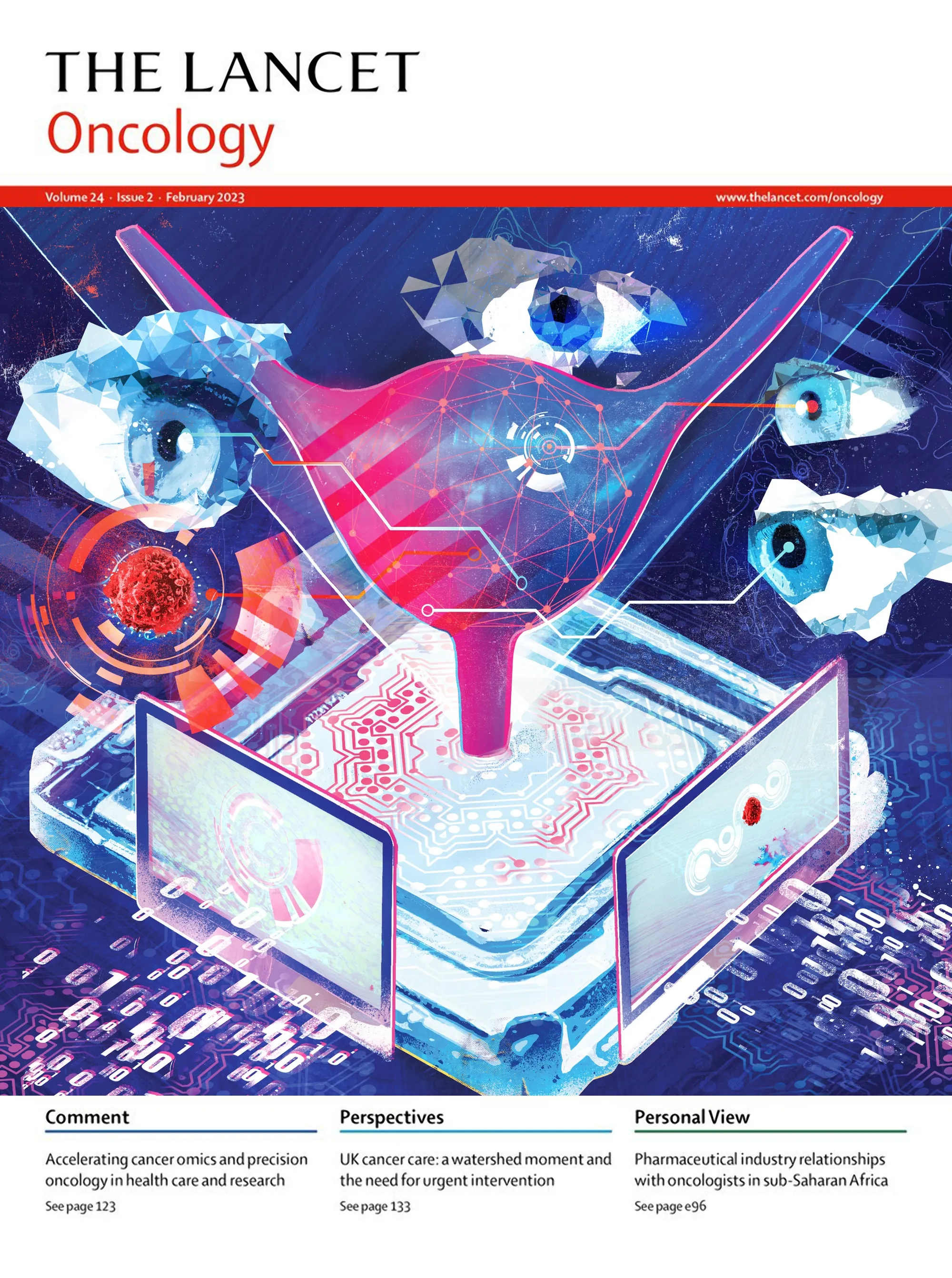 Eyes observing digital data and a cancer cell in a futuristic interface