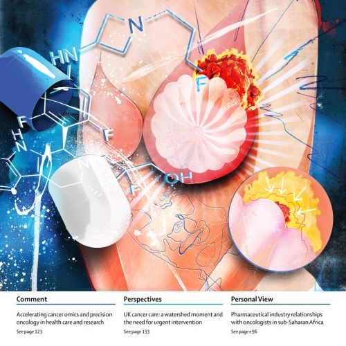 Breast cancer cells with chemical formulas and medication illustration