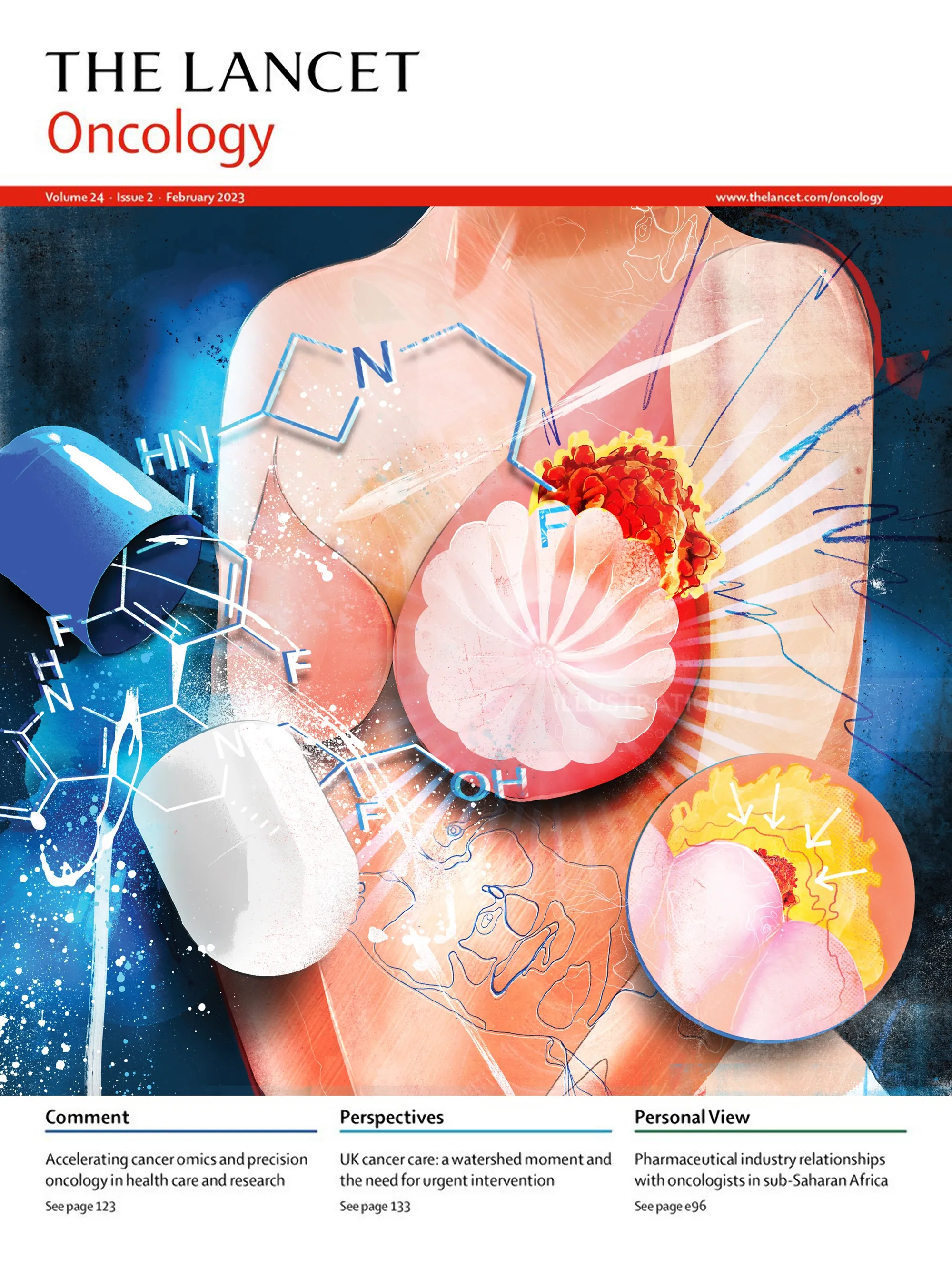 Breast cancer cells with chemical formulas and medication illustration