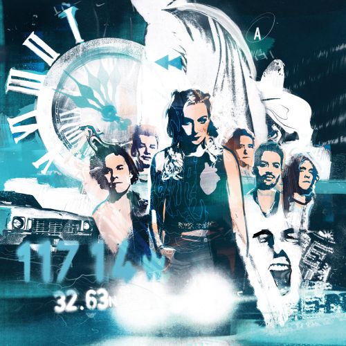 Illustration of band members with clock and abstract digital elements