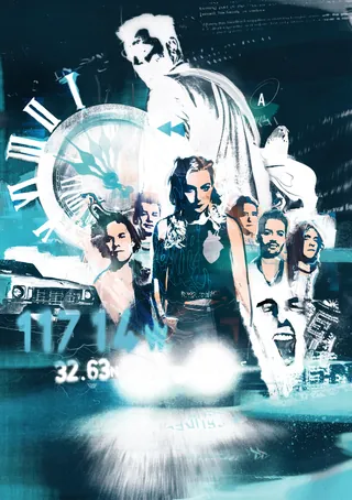 Illustration of band members with clock and abstract digital elements