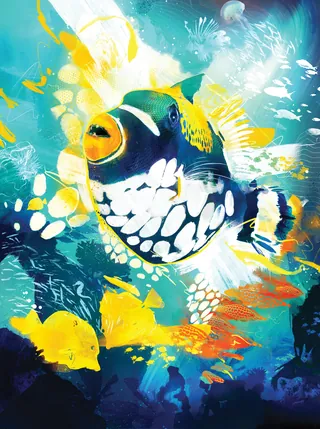 Vibrant tropical fish swimming underwater with smaller yellow fish