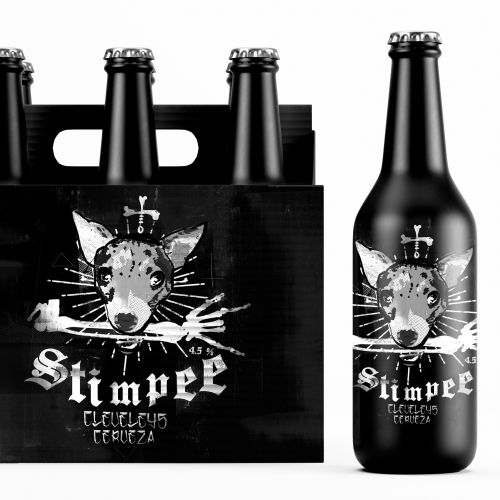 Black beer bottle and six-pack carrier with dog logo and Simpee text