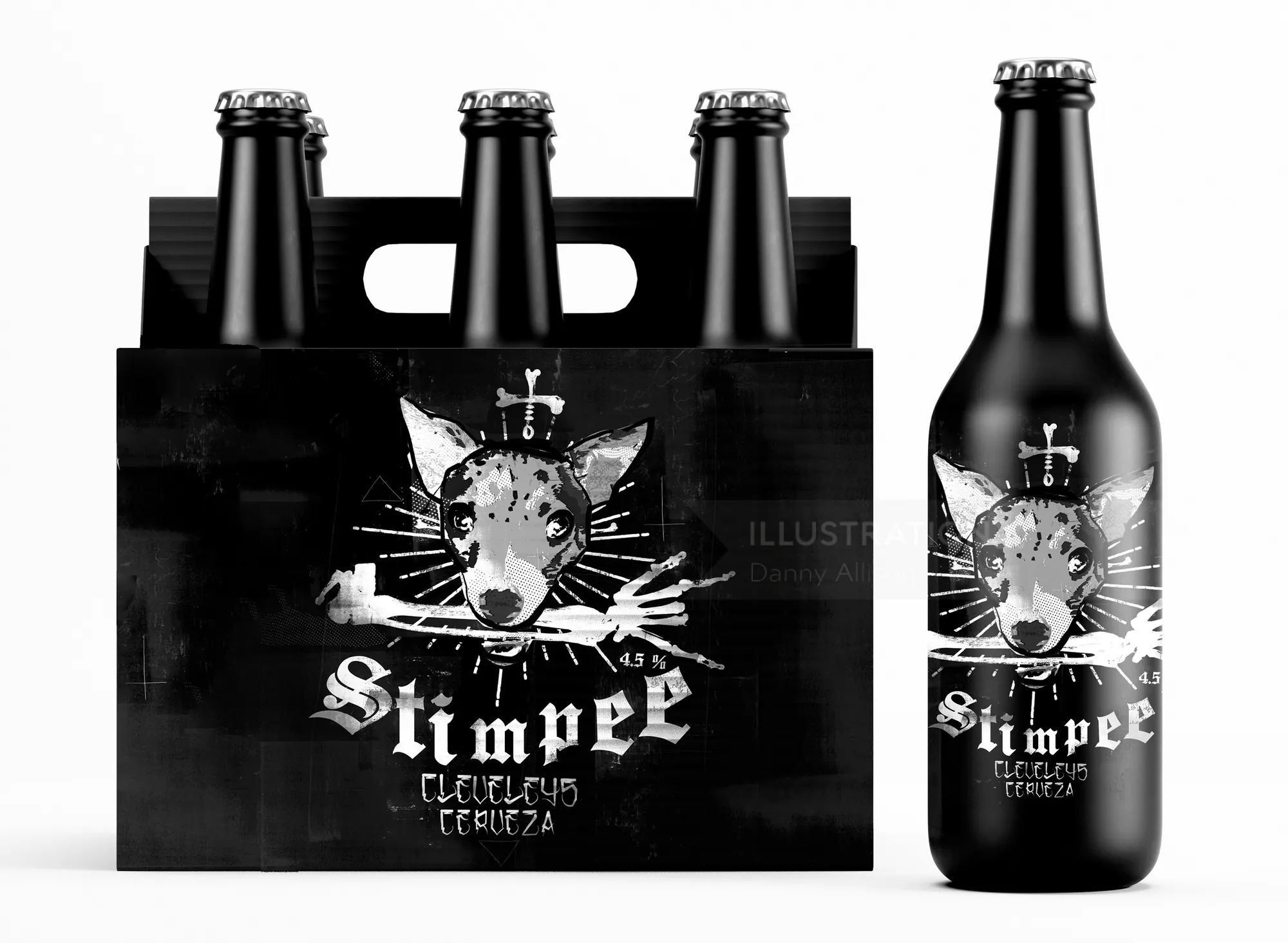 Black beer bottle and six-pack carrier with dog logo and Simpee text