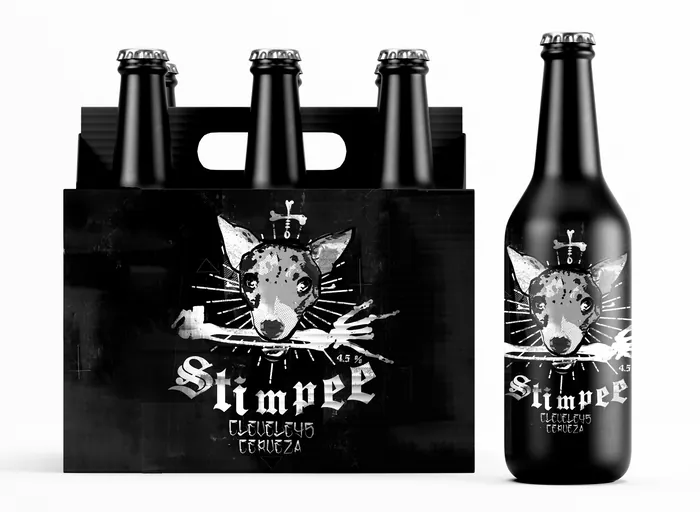 Black beer bottle and six-pack carrier with dog logo and Simpee text