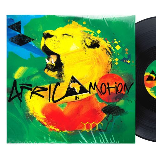Vinyl record with vibrant lion album cover titled Africa In Motion