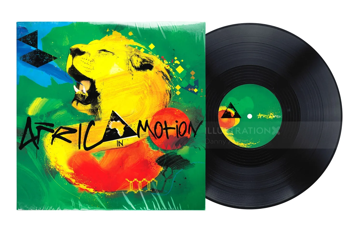Vinyl record with vibrant lion album cover titled Africa In Motion