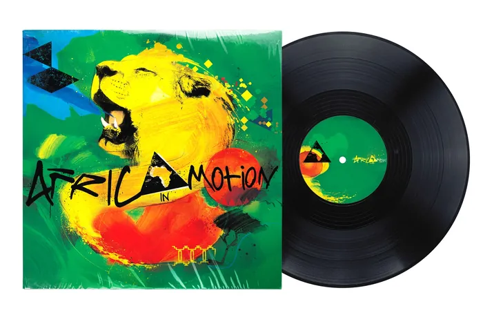 Vinyl record with vibrant lion album cover titled Africa In Motion