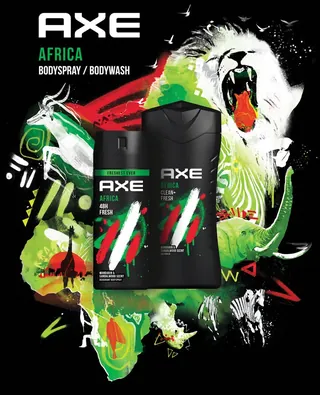 Axe Africa body spray and bodywash with wild animal artwork