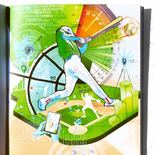 Baseball player swinging bat with charts and data graphics background