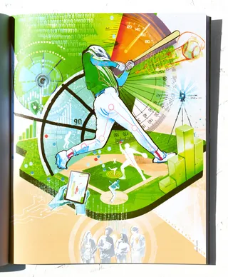 Baseball player swinging bat with charts and data graphics background