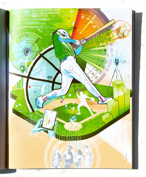 Baseball player swinging bat with charts and data graphics background