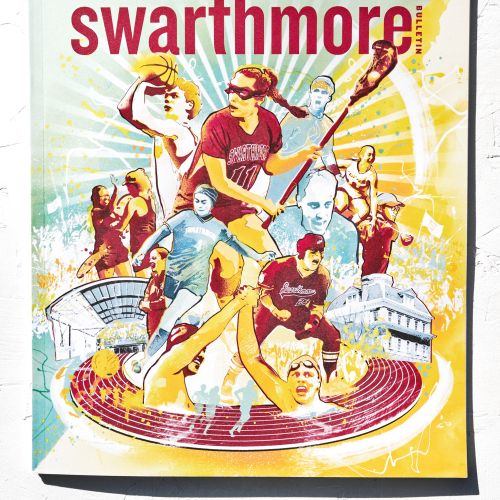 Swarthmore College magazine cover with athletes and academic icons in dynamic poses